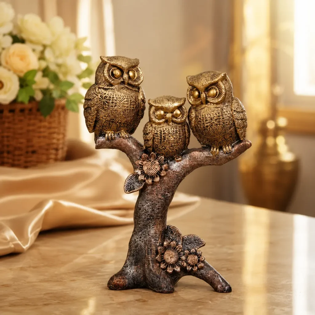 Three owl resin showpiece on a tree branch for home and living room decor.
