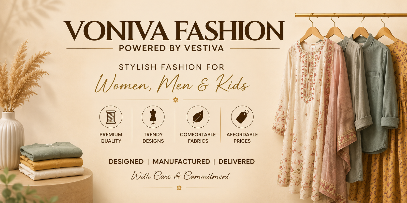 Official Voniva Fashion promotional banner powered by Vestiva, showcasing stylish clothing for women, men, and kids with premium quality and modern fashion.