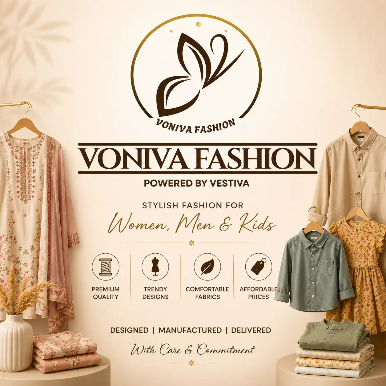 Official Voniva Fashion logo powered by Vestiva, an Indian clothing manufacturer for women, men, and kids.