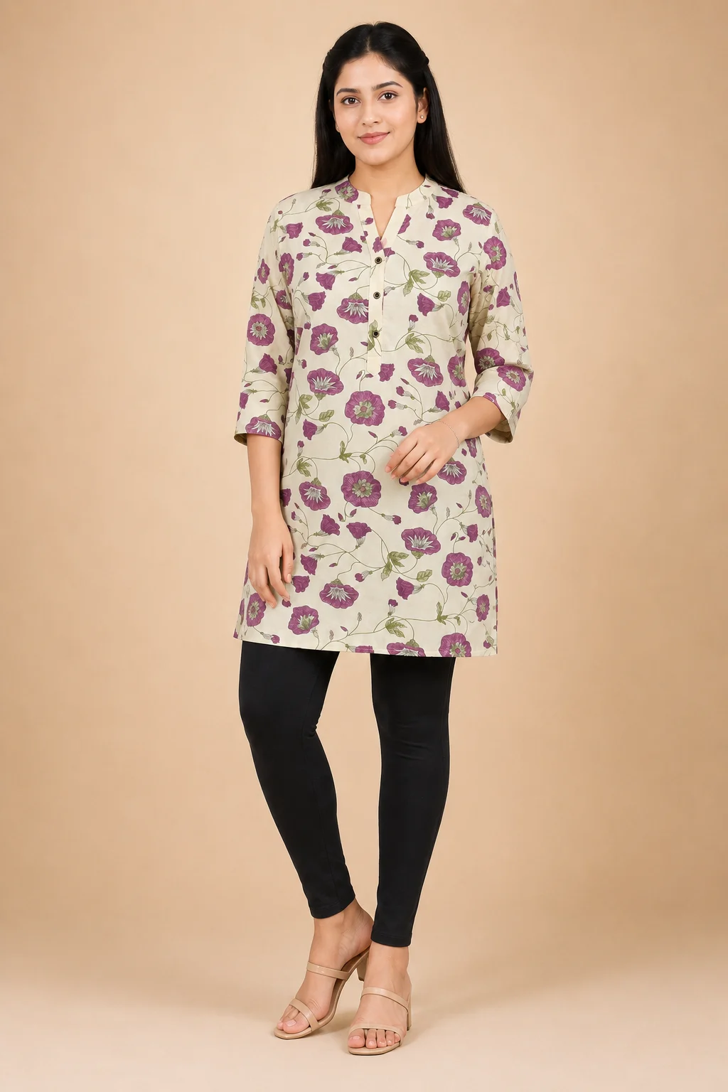 Voniva Fashion Women Cream Floral Print Rayon