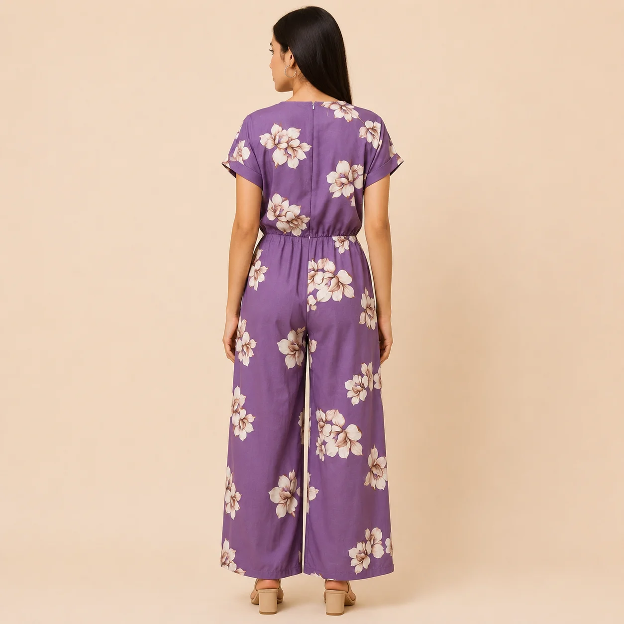 Voniva Fashion Women's Printed Poly Crepe Jumpsuit Back View highlighting the elegant back design, smooth fabric fall, proper fitting, stitching details and stylish one piece outfit appearance for women.