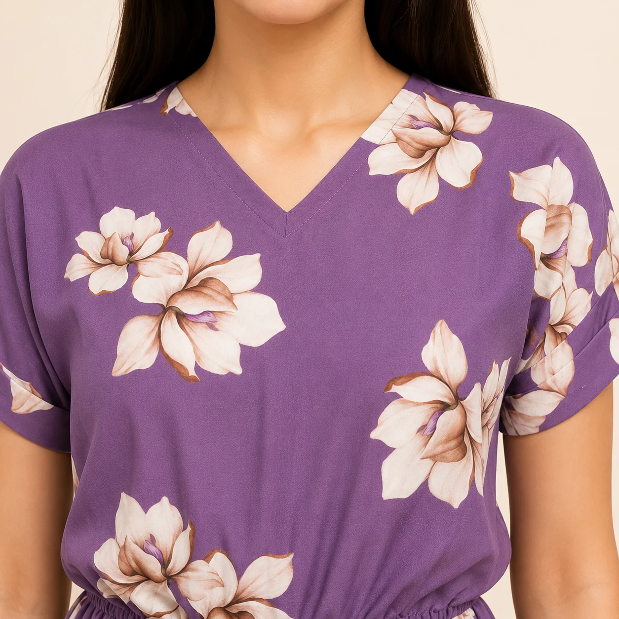 Close-up view of Women's Poly Crepe Printed Jumpsuit fabric showing soft texture, premium poly crepe material, detailed print quality, smooth finish and high-quality clothing fabric.