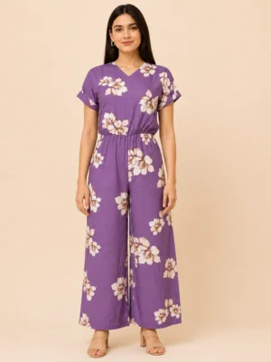 Voniva Fashion Women's Printed Poly Crepe Jumpsuit Front View showcasing stylish one piece design, elegant printed pattern, comfortable fit, premium fabric quality and trendy western wear look for casual, party and everyday fashion.
