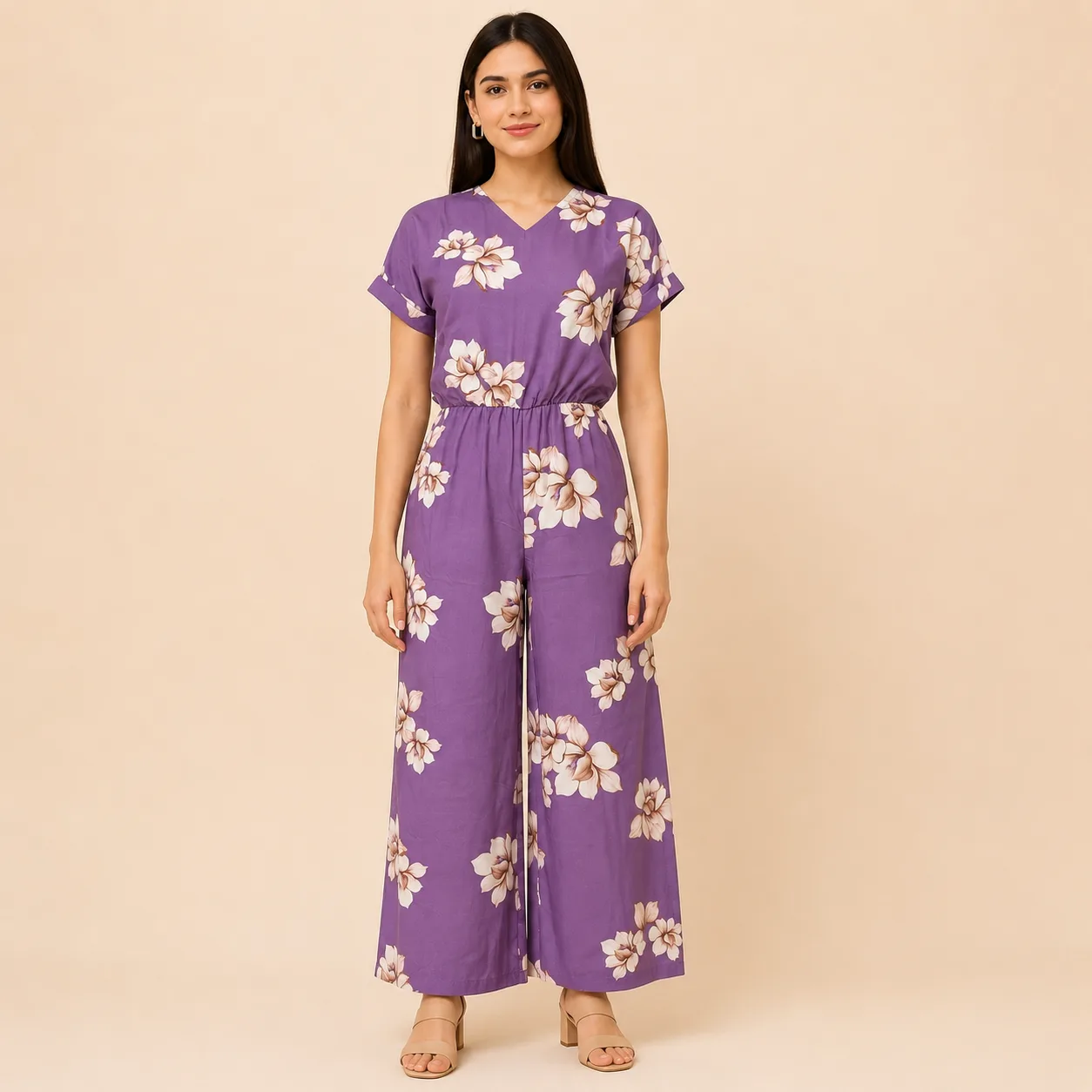 Voniva Fashion Women's Printed Poly Crepe Jumpsuit Front View showcasing stylish one piece design, elegant printed pattern, comfortable fit, premium fabric quality and trendy western wear look for casual, party and everyday fashion.