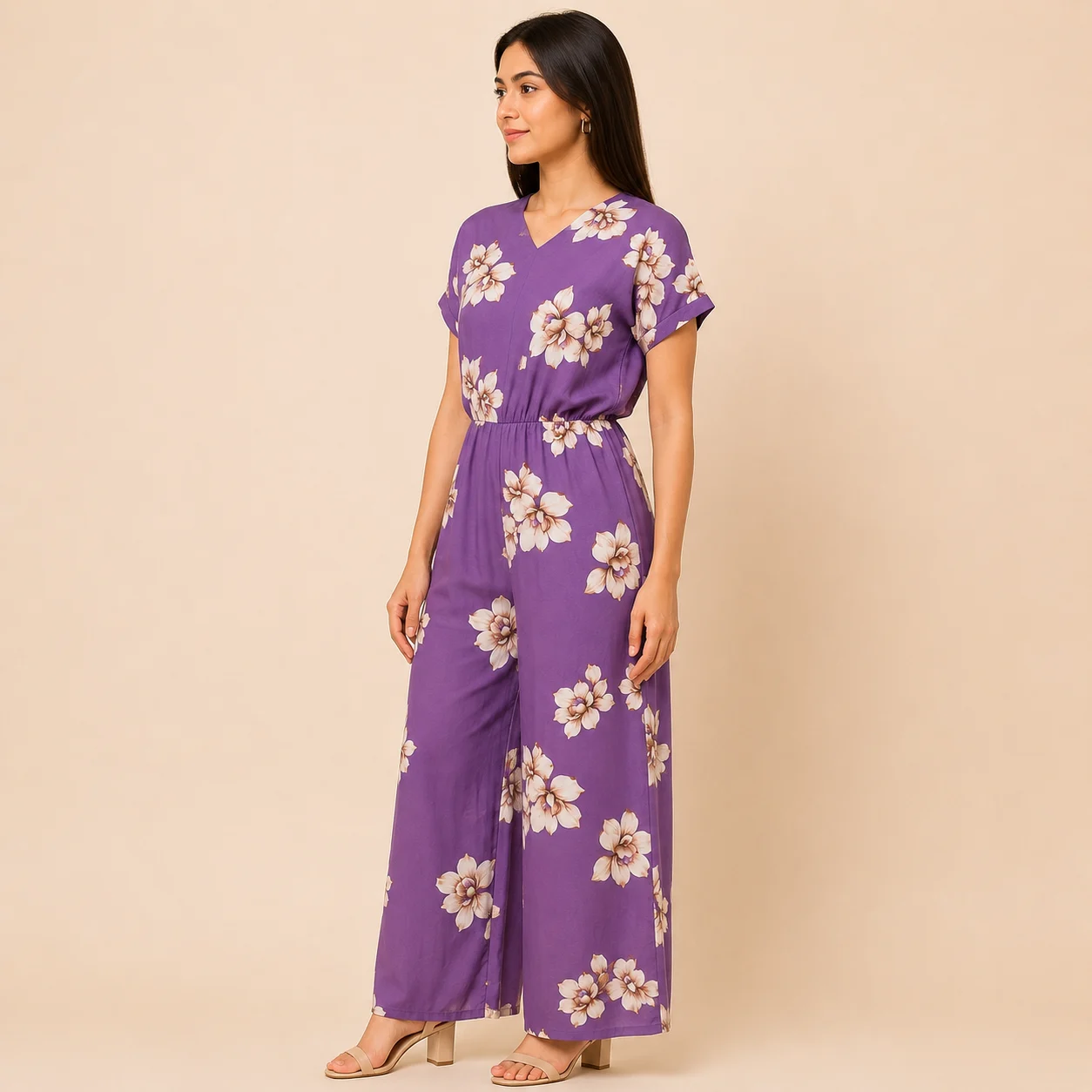Women's Printed Poly Crepe Jumpsuit Side View displaying the fashionable silhouette, comfortable regular fit, lightweight fabric, stylish shape and modern western wear design by Voniva Fashion.