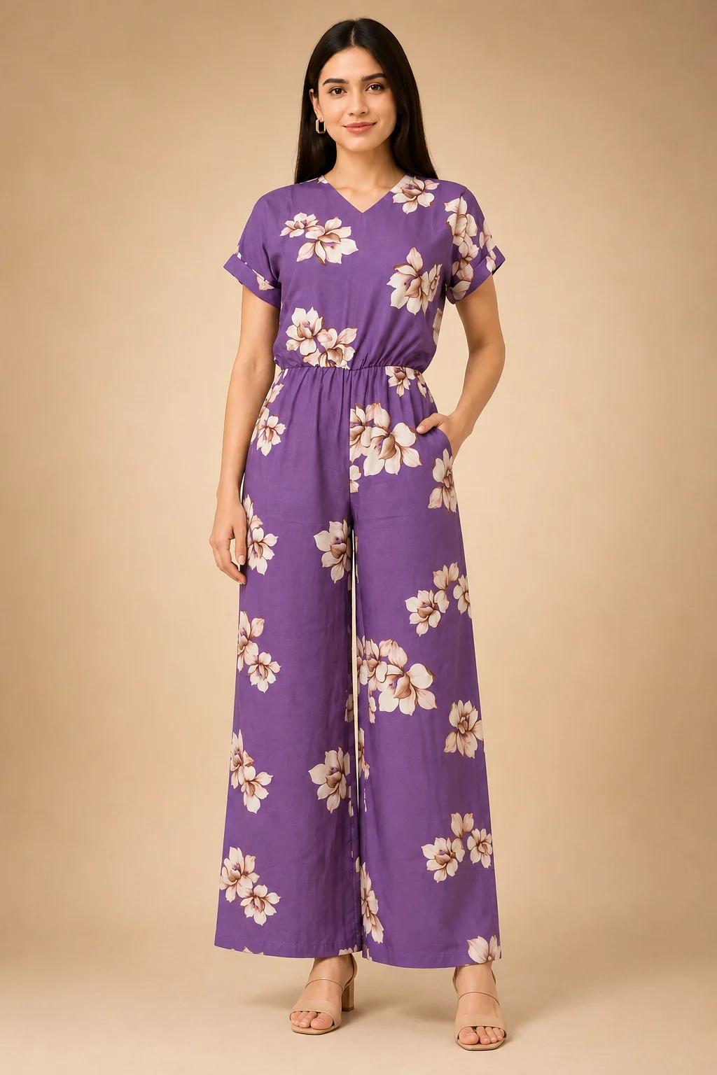 Voniva Fashion Women Purple Floral Print Poly Crepe Jumpsuit