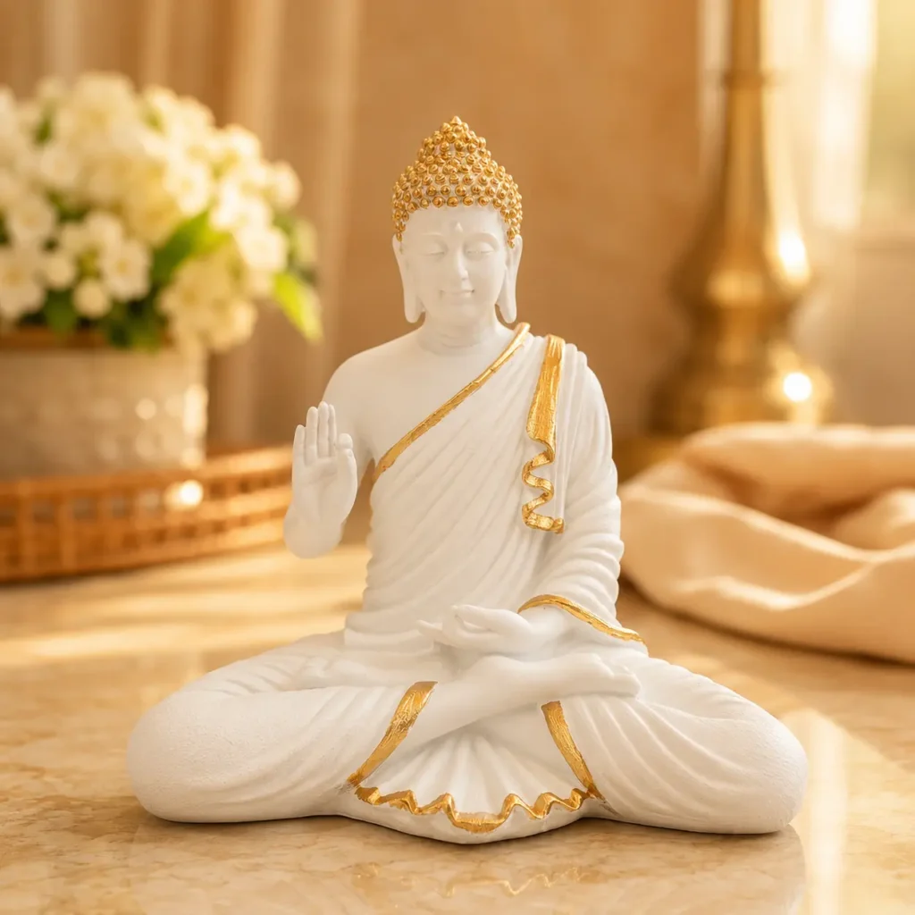 White and gold Buddha meditation statue for home, office, and spiritual decor.