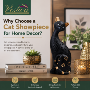 Premium black resin cat showpiece for home decor by Vestiva displayed on a modern living room table with the blog title Why Choose a Cat Showpiece for Home Decor?