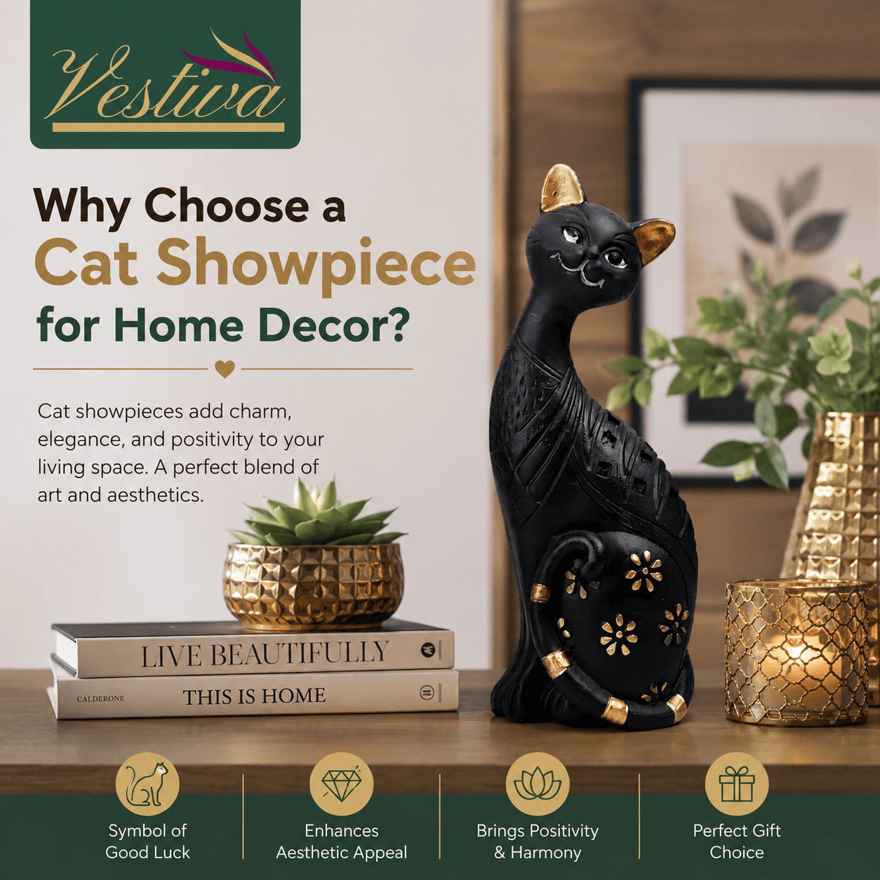 Premium black resin cat showpiece for home decor by Vestiva displayed on a modern living room table with the blog title Why Choose a Cat Showpiece for Home Decor?