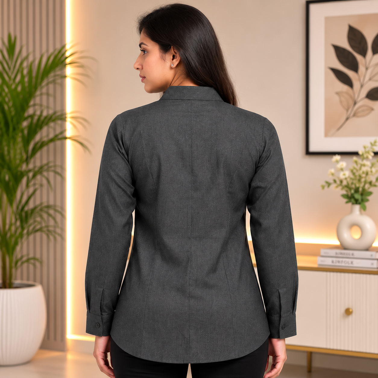 Back View of Women Slim Fit Linen Blend Shirt Featuring Soft Breathable Linen Blend Fabric, Slim Fit Design, Classic Button-Down Style, and Comfortable Casual & Office Wear by Voniva Fashion