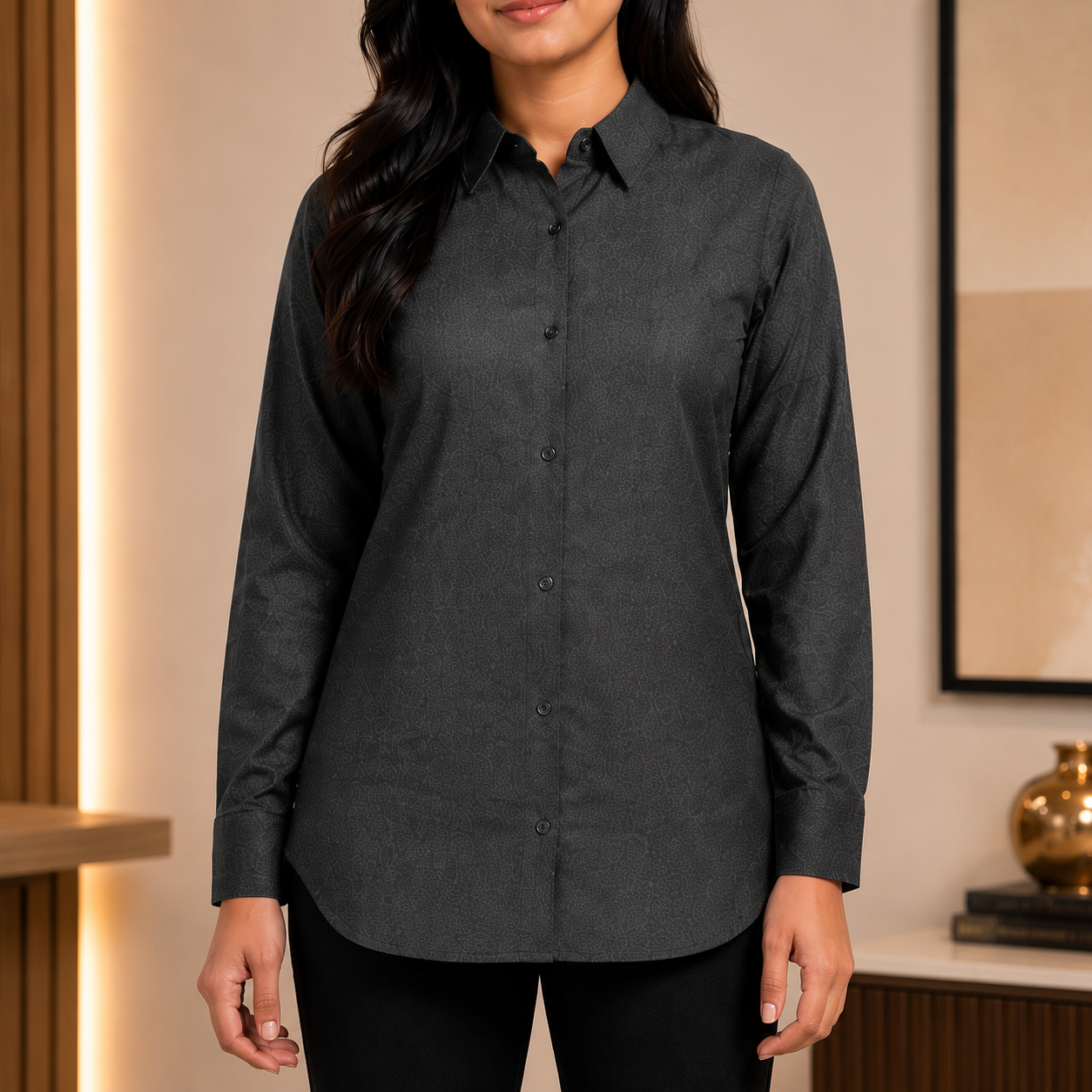 Close-Up View of Women Slim Fit Linen Blend Shirt Showing Premium Linen Blend Fabric, Fine Stitching, Soft Texture, and High-Quality Craftsmanship by Voniva Fashion