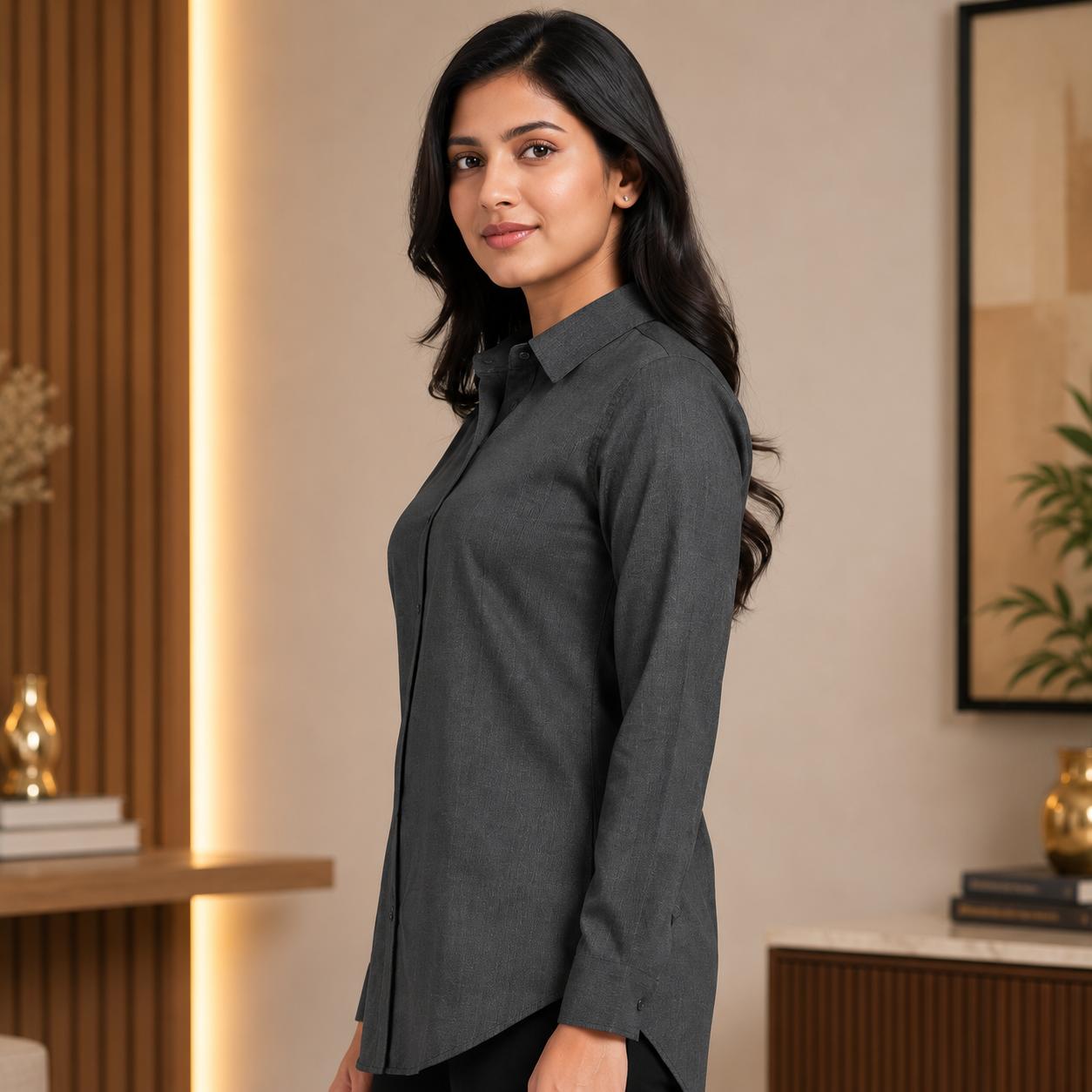 Side View of Women Slim Fit Linen Blend Shirt Featuring Soft Breathable Linen Blend Fabric, Slim Fit Design, Classic Button-Down Style, and Comfortable Casual & Office Wear by Voniva Fashion