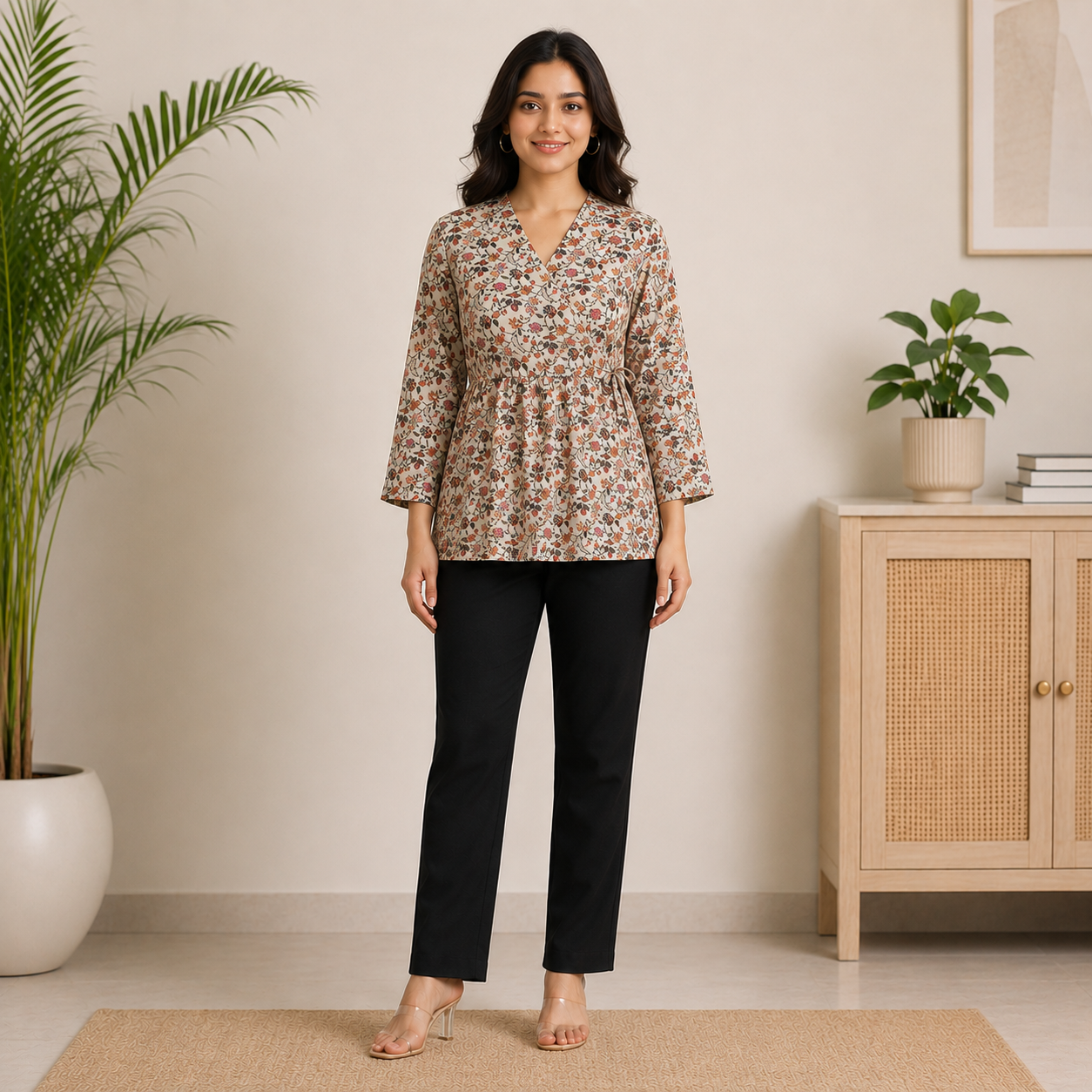 Women's floral print wrap style hip-length kurti with 3/4 sleeves, paired with black trousers.
