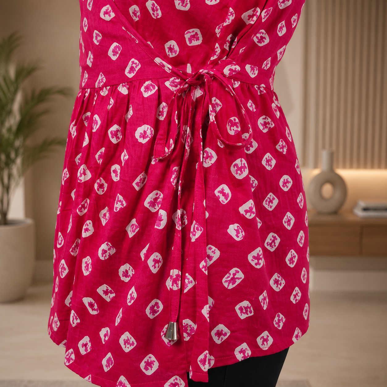 Detail of Women's Pink Printed Wrap Style Cotton Blend Kurti