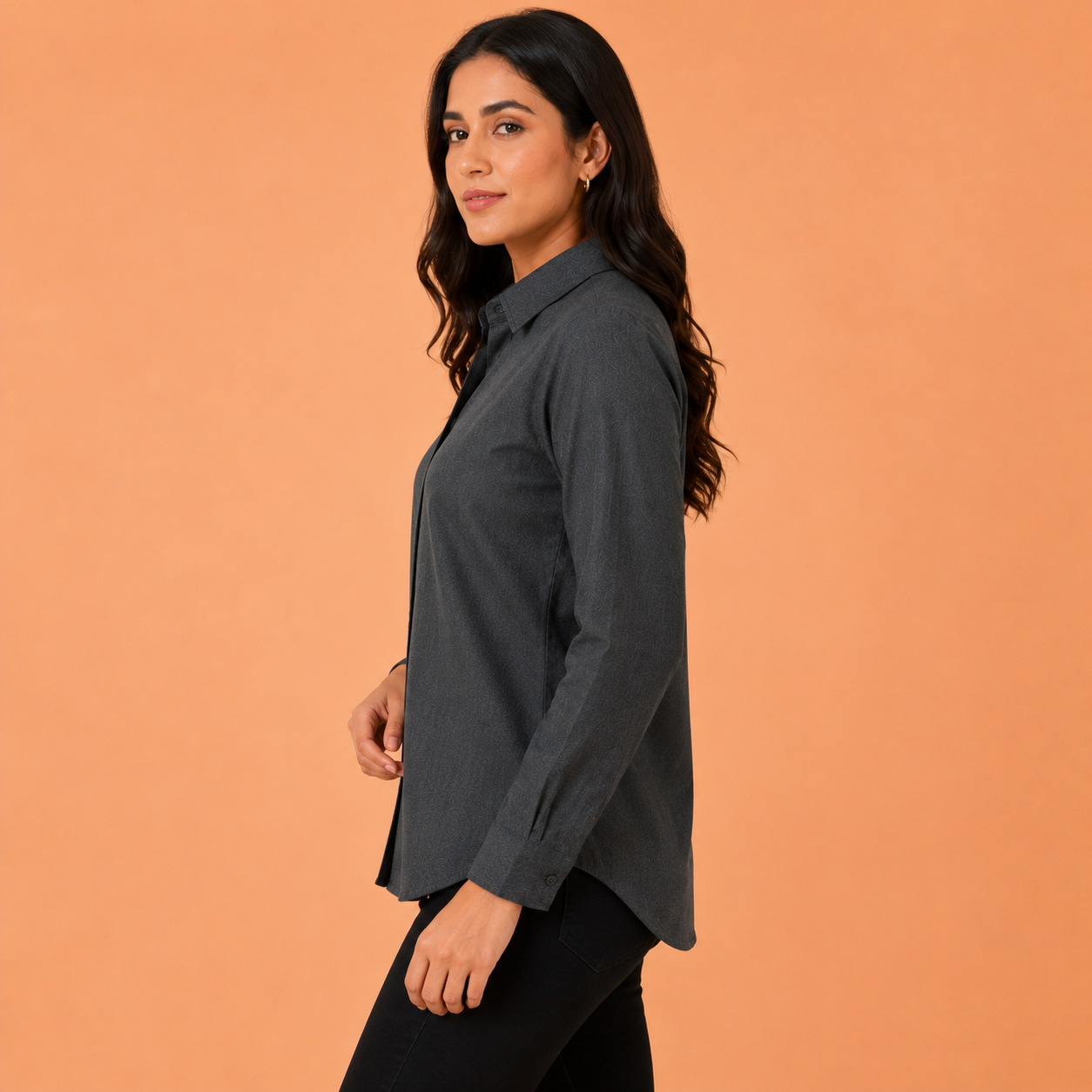 Women's Linen Blend Shirt left side view by Voniva Fashion highlighting the flattering fit, breathable linen blend material, soft fabric texture, and elegant side profile suitable for workwear and casual fashion.