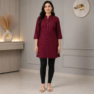 Women's Maroon Floral Printed Cotton Short Kurti Front View – Mandarin Collar, Button Placket, 3/4 Sleeves and Straight Fit for Casual & Office Wear