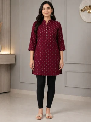 Women's Maroon Floral Printed Cotton Short Kurti Front View – Mandarin Collar, Button Placket, 3/4 Sleeves and Straight Fit for Casual & Office Wear