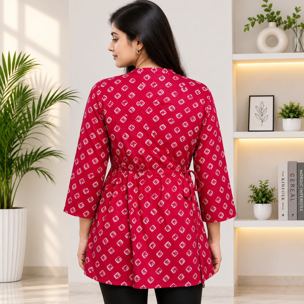 Women's Pink Printed Wrap Style Cotton Blend Kurti Back View by Voniva Fashion