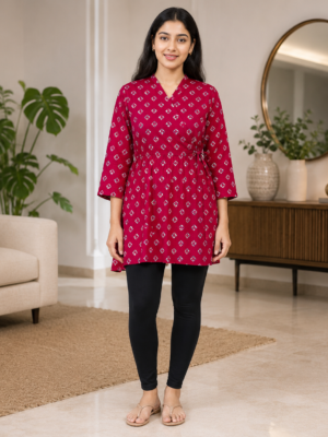 Women's Pink Printed Wrap Style Cotton Blend Kurti Front View by Voniva Fashion with V-Neck and 3/4 Sleeves
