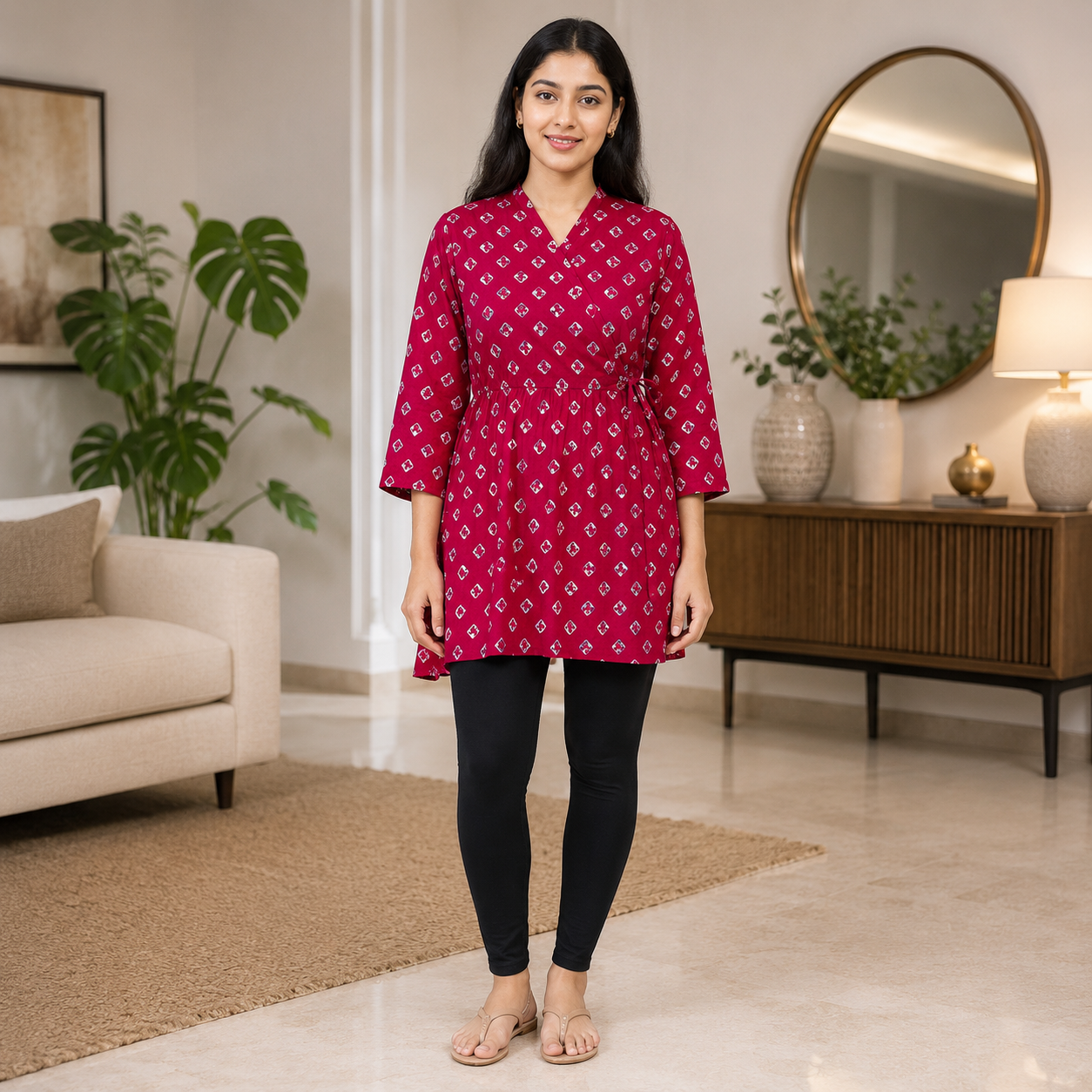 Women's Pink Printed Wrap Style Cotton Blend Kurti Front View by Voniva Fashion with V-Neck and 3/4 Sleeves