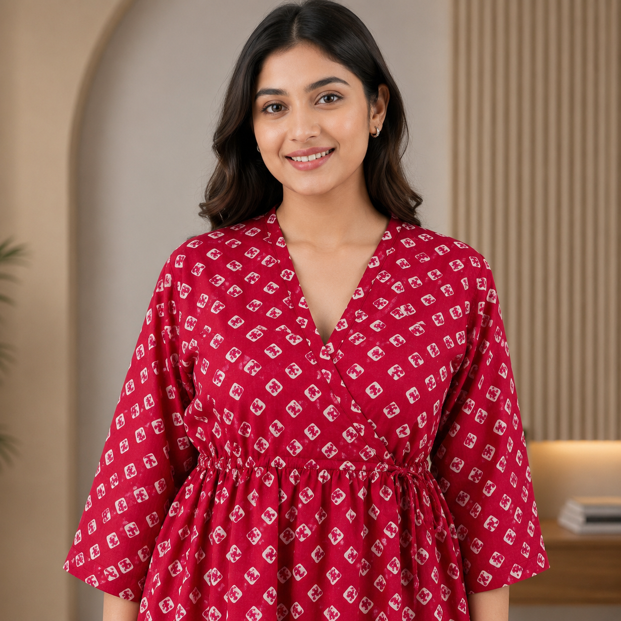 Close-Up of Women's Pink Printed Wrap Style Cotton Blend Kurti Fabric and Print