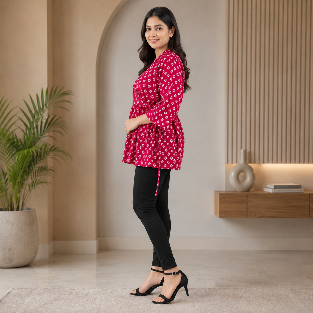 Women's Pink Printed Wrap Style Cotton Blend Kurti Side View by Voniva Fashion