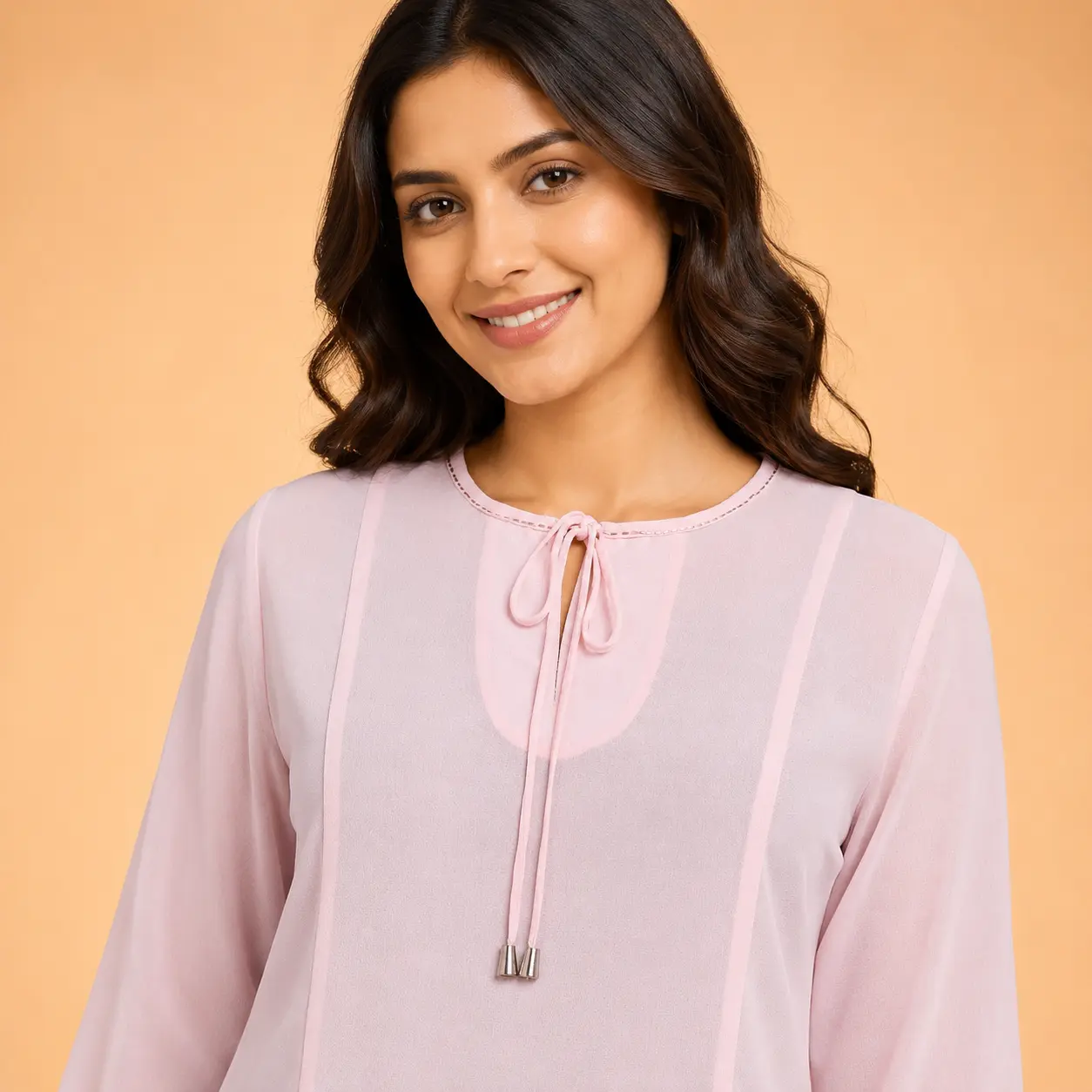 Light pink georgette fabric keyhole neck dori detailing close up