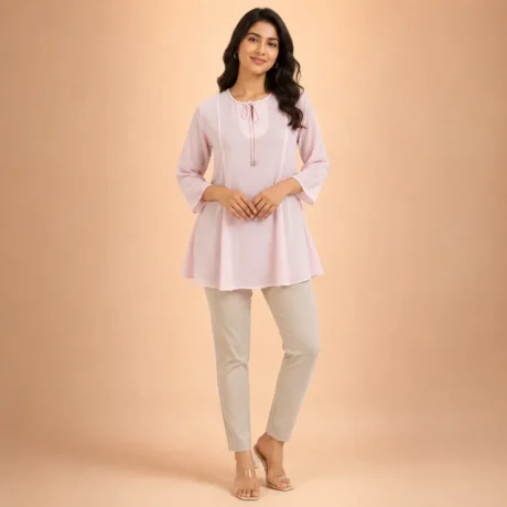 Women wearing light pink georgette A-line tunic top with keyhole neck
