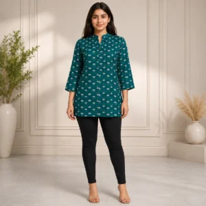 Women's Teal Floral Printed Cotton Short Kurti Front View – Mandarin Collar with Button Placket, 3/4 Sleeves and Straight Fit for Casual & Office Wear
