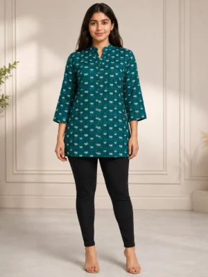 Women's Teal Floral Printed Cotton Short Kurti Front View – Mandarin Collar with Button Placket, 3/4 Sleeves and Straight Fit for Casual & Office Wear