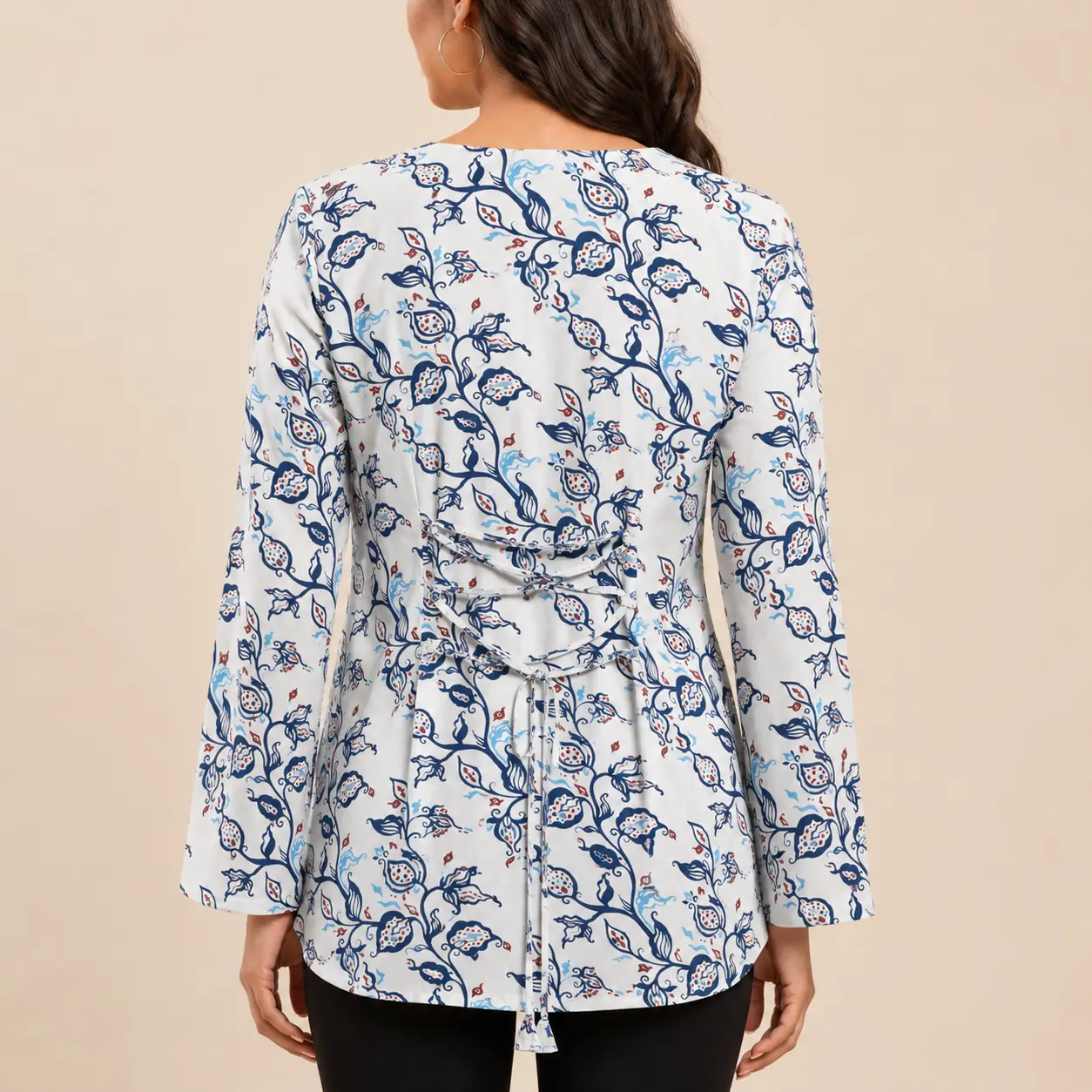 Women Floral Print Short Kurti Back View Showing Adjustable Back Dori Design, Premium Rayon Fabric, Comfortable Fit and Stylish Women Ethnic Wear