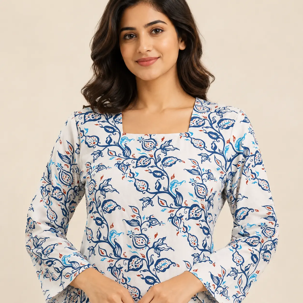 Close Up View of Women Floral Print Short Kurti Showing Premium Rayon Fabric Texture, Detailed Floral Print, Stitching Quality and Elegant Design