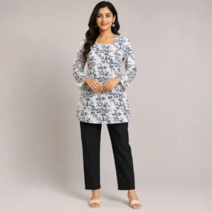 Women Floral Print Short Kurti Front View, Stylish Rayon Fabric Kurti with Square Neckline, Flared Sleeves and Elegant Floral Pattern for Women