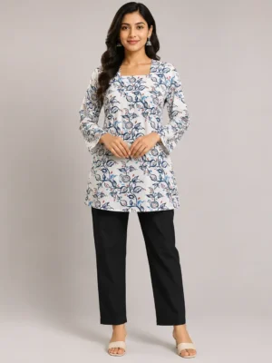 Women Floral Print Short Kurti Front View, Stylish Rayon Fabric Kurti with Square Neckline, Flared Sleeves and Elegant Floral Pattern for Women