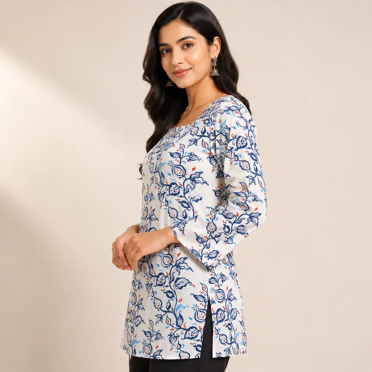 Women Floral Print Short Kurti Side View Highlighting Flared 3/4 Sleeves, Wrap Style Design, Soft Rayon Fabric and Trendy Fit