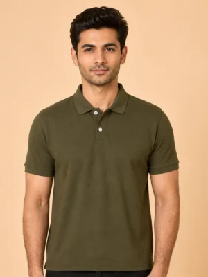 Olive green polo T-shirt for men made from premium matty fabric with ribbed collar and half sleeves