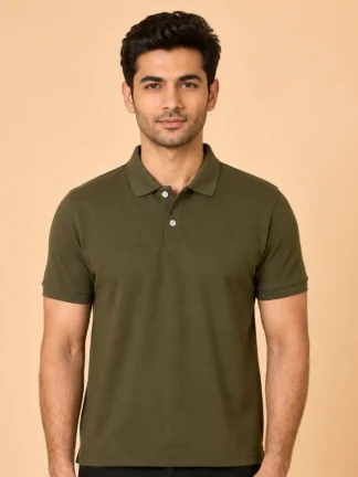 Olive green polo T-shirt for men made from premium matty fabric with ribbed collar and half sleeves