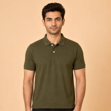 Olive green polo T-shirt for men made from premium matty fabric with ribbed collar and half sleeves