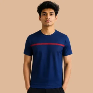 Front view of a sporty Men's Royal Blue breathable Micro-Mesh activewear t-shirt with a horizontal red stripe across the chest.