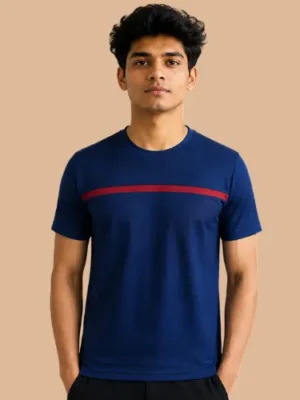Front view of a sporty Men's Royal Blue breathable Micro-Mesh activewear t-shirt with a horizontal red stripe across the chest.