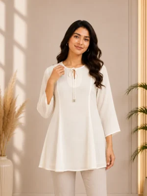 off white georgette tunic top for women front view featuring keyhole tie neck and a line fit