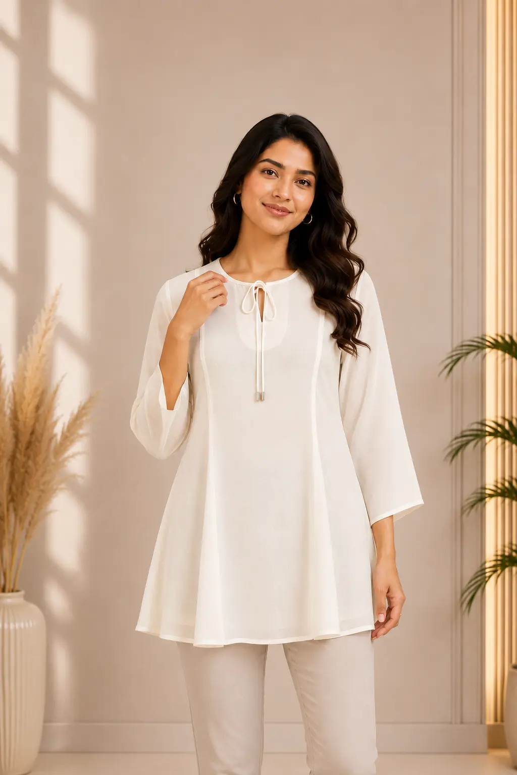 off white georgette tunic top for women front view featuring keyhole tie neck and a line fit