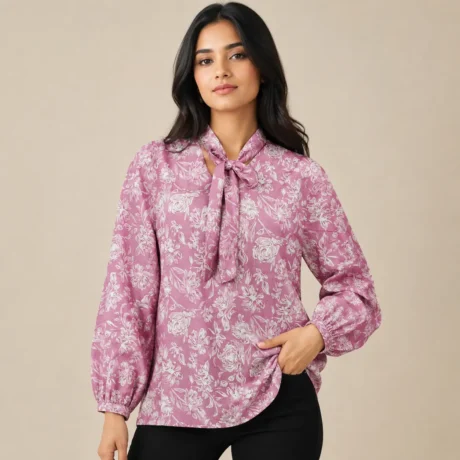 Front view of women pink floral printed cotton top with tie neck tie up collar