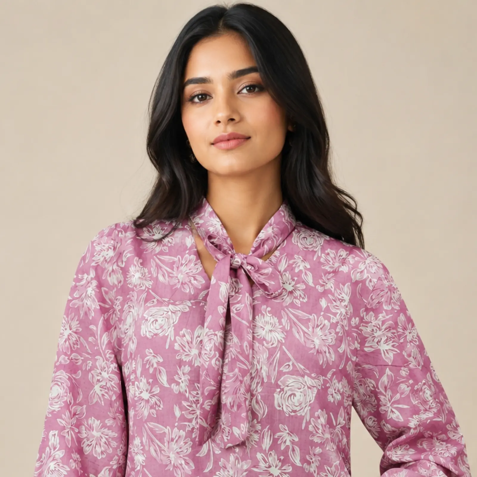 Closeup of pink floral printed cotton top showing tie neck bow tassels and pure cotton fabric pattern