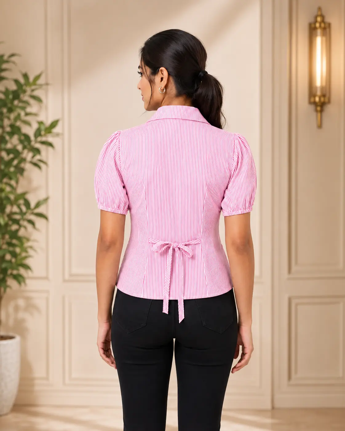 Pink and white striped women's shirt back view with tie bow detail