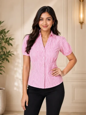 Pink and white striped women's puff sleeve button-down blouse front view