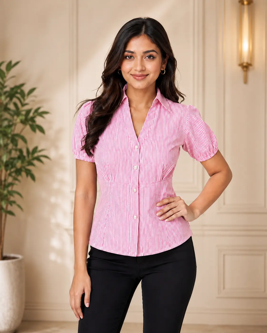 Pink and white striped women's puff sleeve button-down blouse front view
