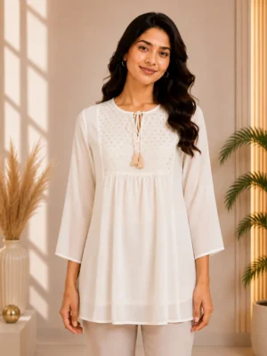 Off-white georgette tie-neck tunic top front view with 3/4 sleeves