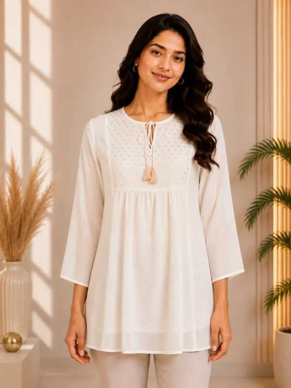 Off-white georgette tie-neck tunic top front view with 3/4 sleeves
