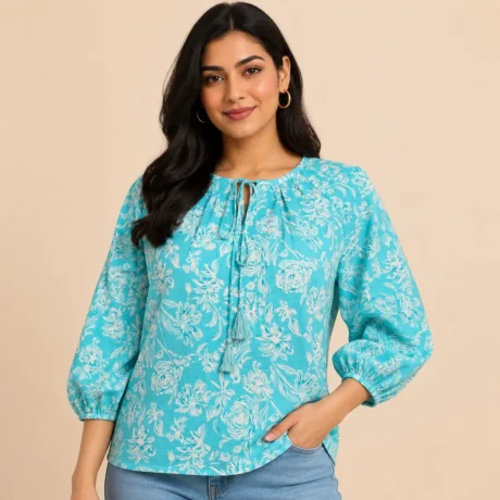 Front view of women sky blue floral printed cotton top with tie neck tassel detail